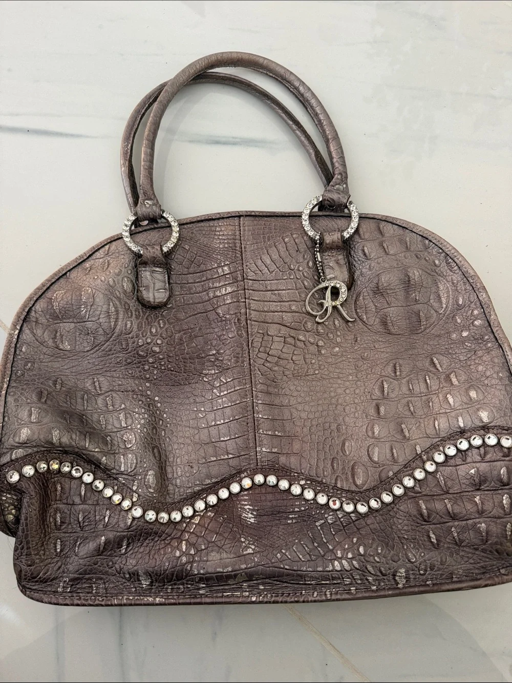 Raviani Metallic Taupe Croc-Embossed Satchel with Crystals